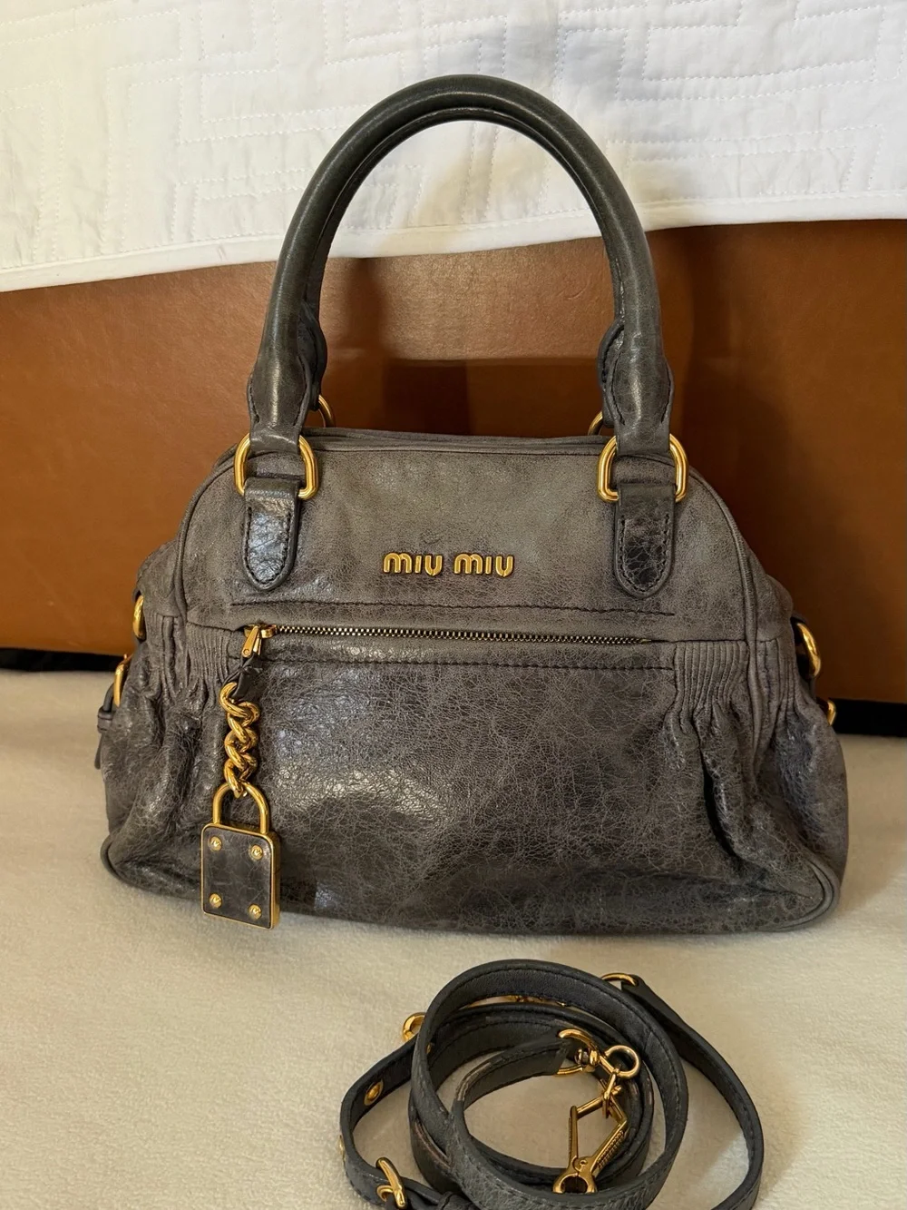Miu Miu Dark Gray Leather Top-Handle Satchel with Gold Hardware